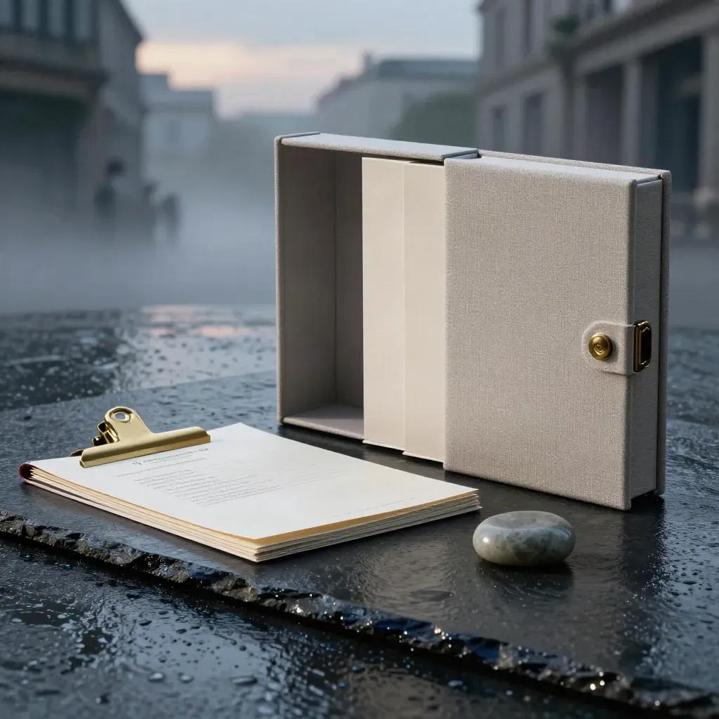 Linen strategy pack, cream inserts, brass clip and stone paperweight on wet slate at blue hour