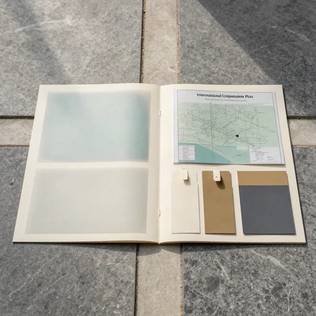 Cream strategy folio with teal overlays and route sheets arranged on stone.
