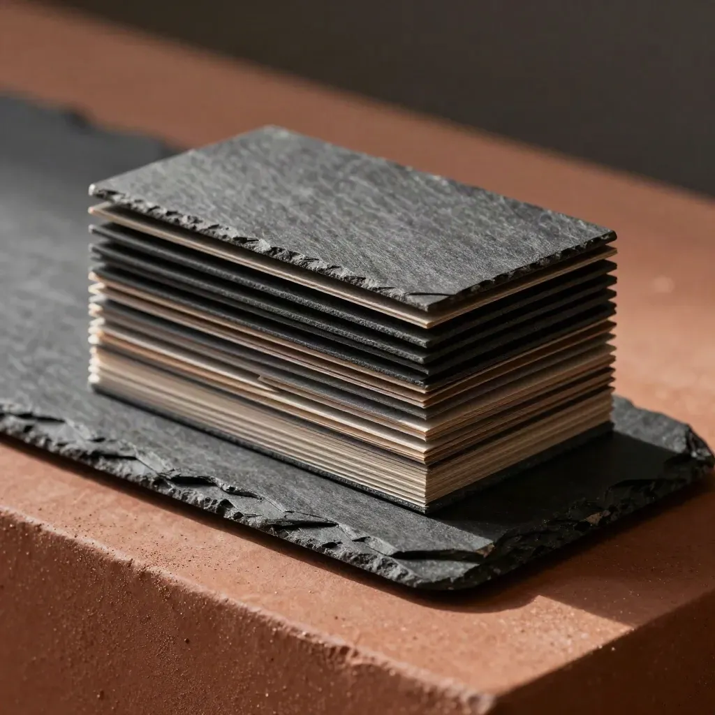 Slate board-risk case, paperweight and folded insert on a terracotta plinth in rim light.