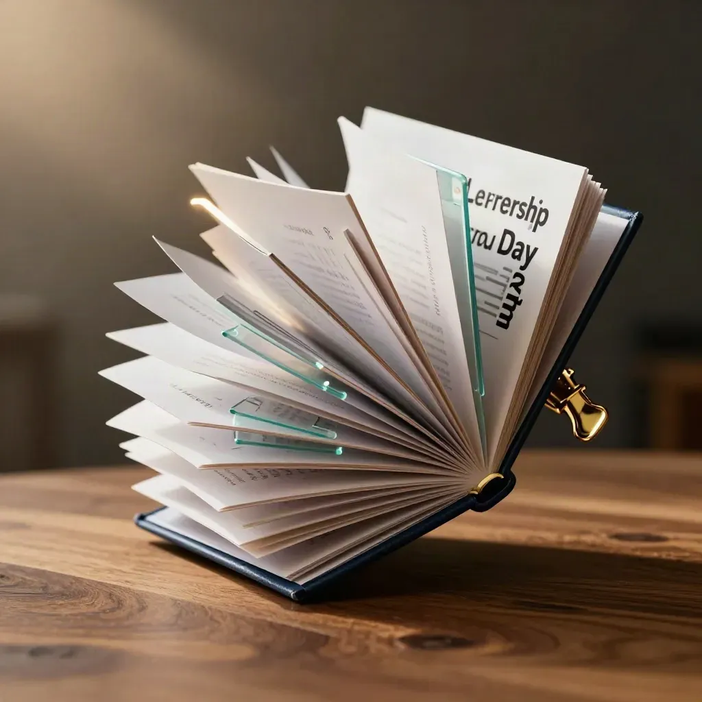 Opened strategy kit with teal tabs and brass clips on warm walnut, lit dramatically.