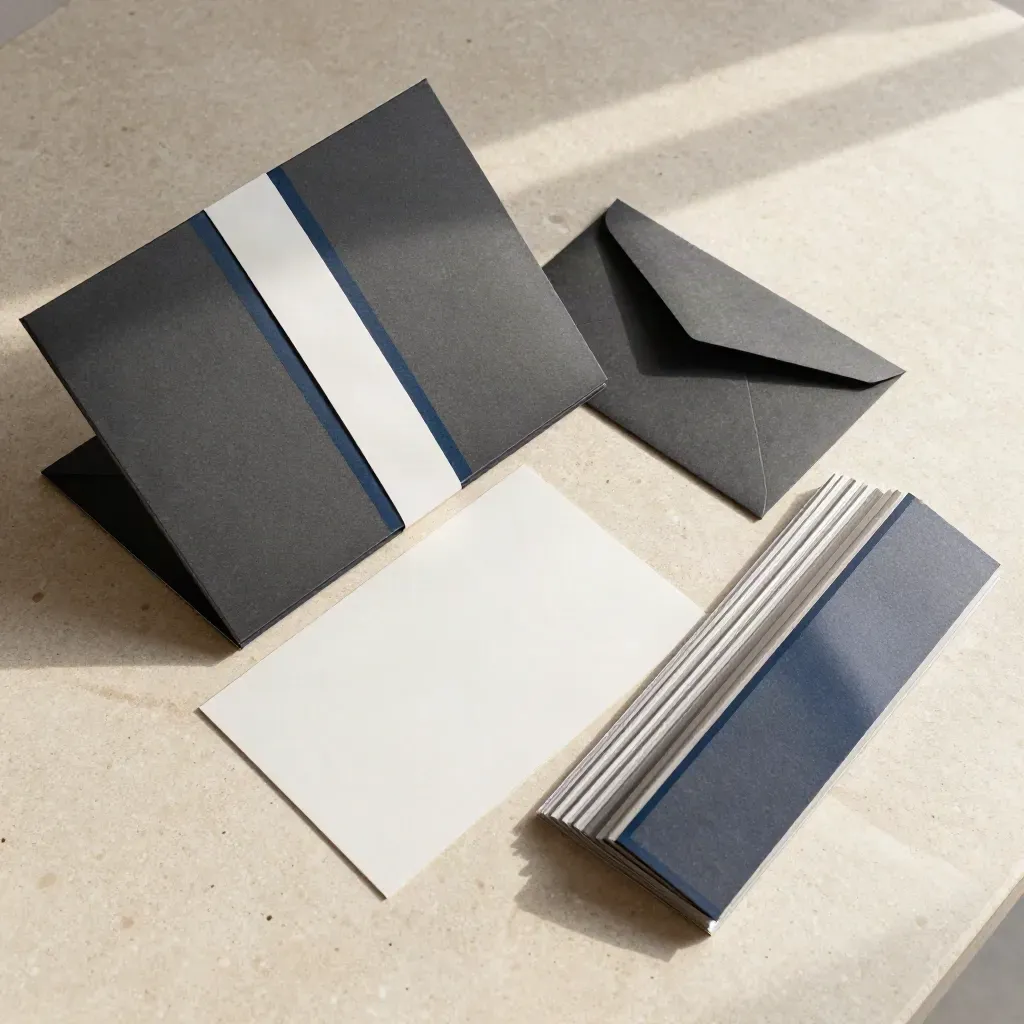 Overhead flatlay of a dark review folio, inserts, paper band, and clipped envelope on pale stone.