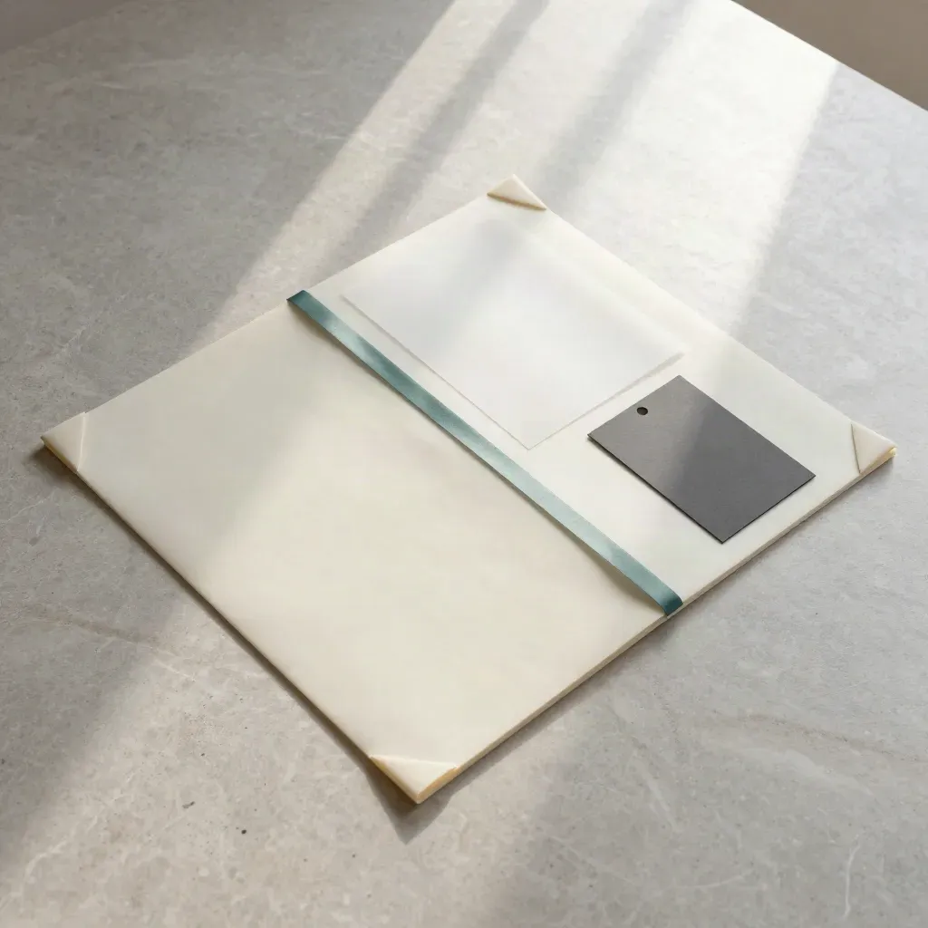 Overhead flatlay of a vellum launch kit with teal accents on pale stone.