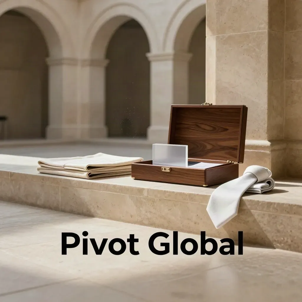 Sunlit limestone atrium with cream strategy folios on a pale stone ledge